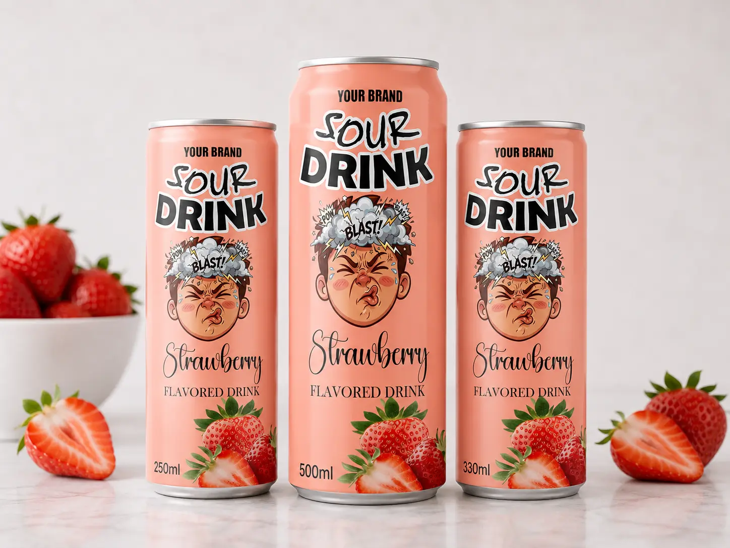 SOUR DRINK Strawberry Flavored Drink in 250ml, 500ml, and 330ml cans.